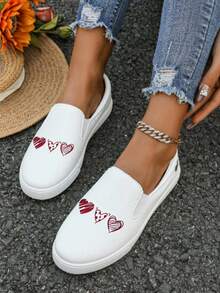 Tenis casuales para mujer tipo slip-on de lona suave, punta redonda, sin cordones, suela plana, estampado moderno para uso diario