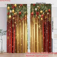 2PCS Printed Polyester Material Christmas Themed Red Curtains, Designed With Golden Snowflakes And Golden Pine Branches, Translucent Bedroom, Living Room, Office Home Decoration, Pole Bag Style, Flat Style