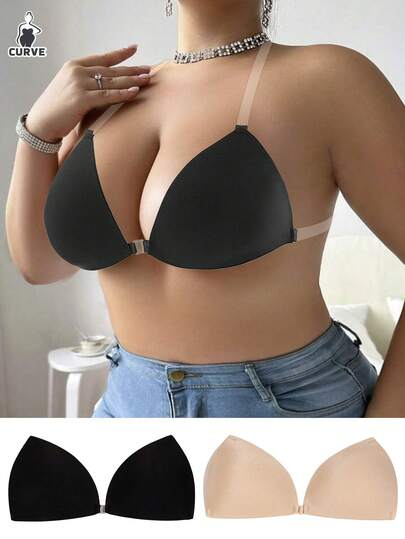 1 par de sutiã adesivo feminino plus size, sutiã push-up invisível autoadesivo, sutiã autoadesivo com decote halter e triângulo francês, conjunto de sutiã sem alças e costas nuas, levantamento sem costura, respirável e anti-flacidez, adequado para lingerie feminina, acessórios para vestidos de noiva e vestidos longos