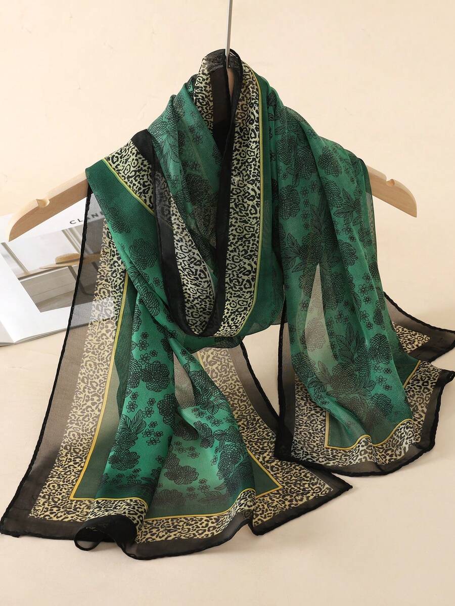 1pc Women's Elegant Casual Leopard Print Chiffon Scarf, Petite Long Style, Lightweight And Portable, Suitable For Daily Wear And Holiday Gifts - Green - View 1