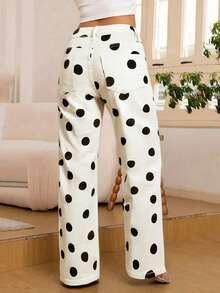 Pantalones rectos con bolsillo delantero elástico a lunares en estilo retro dulce y nuevo - Multicolor - Ver 3