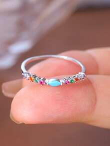 925 Sterling Silver Colorful Diamond Eye Ring, Elegant Luxury Delicate Jewelry