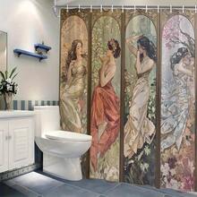 1pc Art Nouveau Women Triptych Shower Curtain - Three Women In Flowing Dresses Set Against Floral Backgrounds - Vintage Bathroom Decor - Polyester Fabric Shower Curtain - 12 Hooks, Bathroom Decor, Home Decor, Bathroom Essentials, Farmhouse Home Decor - 白色 - 查看 4