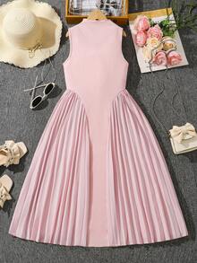 Left Mama Girls' Elegant Stand Collar Sleeveless Pleated Dress, Summer - Pink - View 2