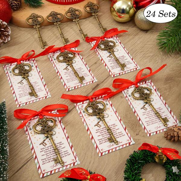 24 Sets Santa's Magic Key Hanging Ornaments, Vintage Metal Key Charm For No Chimney Houses, Santa's Magic Key With Santa Claus Card And Red Ribbon For Christmas Tree Decoration, Christmas Party Hanging Ornaments