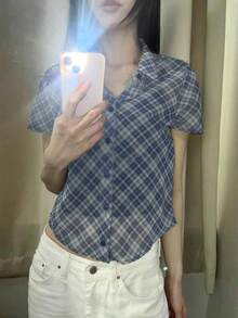 小众美式英伦校园风条纹半透视修身短袖雪纺衬衫 - 深藍色 - 查看 5