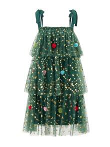Womens Christmas Tree Costume Dress Ruffle Tiered Tull Tutu Party Festive Dress - Green - View 3