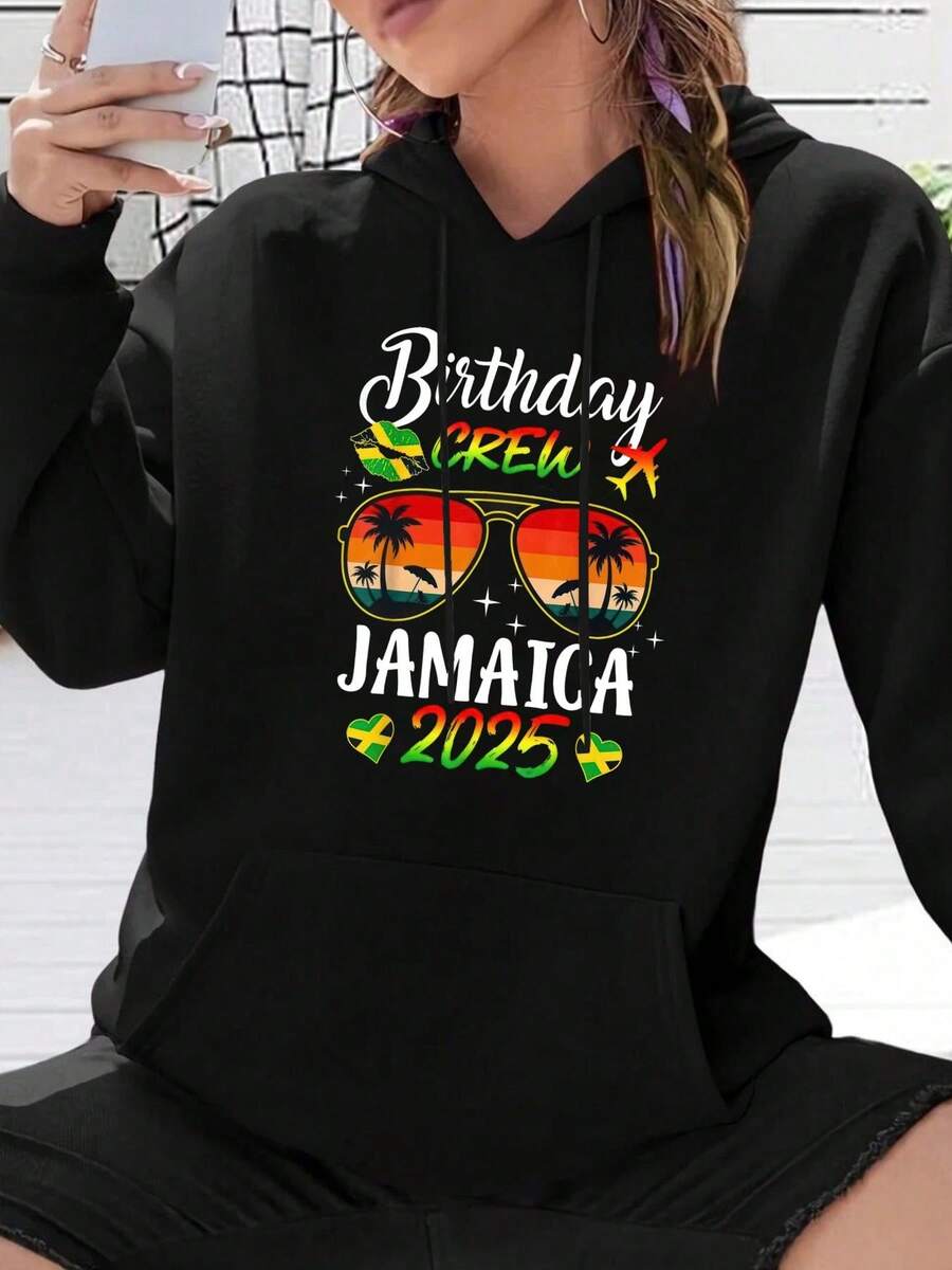 Birthday Crew Jamaica 2025 Party Girl's Trip Matching Group Hooded Sweatshirt Unisex Casual Pullover Hoodie, Soft Warm Sweatshirt, Fall Winter Outfit - Black - View 1