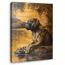 2D Flat, 1pc Naples Mastiff Canvas Wall Art Wood Framed  Lakeside Sunset Painting, Realistic Dog Portrait With Golden Hues, Textured Canvas Art For Living Room Decor, I For Art Lovers & Interior Design Enthusiasts, Decor Aesthetic, Detailed Brushwork