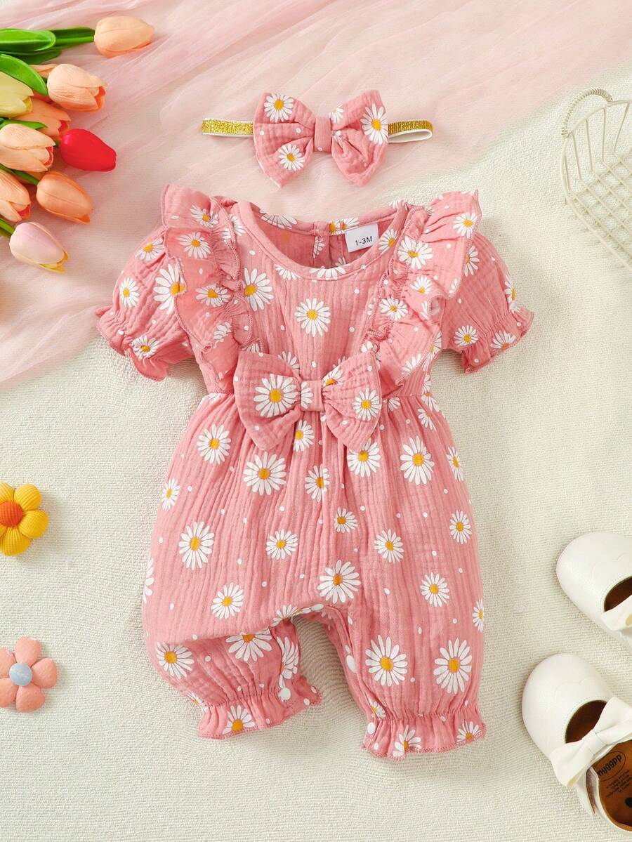2pcs Cute Baby Girls Summer Heart Reversible Bow Romper + Headband Set - Dusty Pink - View 1