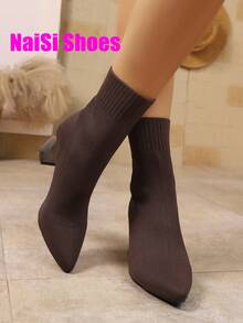 Women's 2025 New Thick Heel Pointed Toe Boots, Elastic Slim Fit Boots, Sock Boots, High Heel Ankle Boots, Strap Black Warm Boots, High Heel Mid-Calf Thick Heel Boots, Comfortable Fashion Pointed Toe High Heel Shoes, Casual Elegant Boots, Black Boots, Red Boots, Brown Boots, Coffee Boots - Coffee Brown - View 5