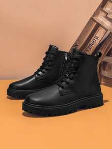 男士秋季皮靴，防水高帮黑色皮鞋，复古休闲英伦风登山工作靴 - 黑色 - 查看 9