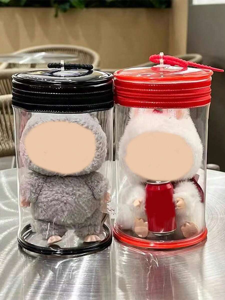 1pc娃娃透明展示袋适用于拉布布，圆柱形盲盒挂件袋，防水防尘多功能，娃娃小配件收纳非常适合怪物娃娃，便携外出挂件