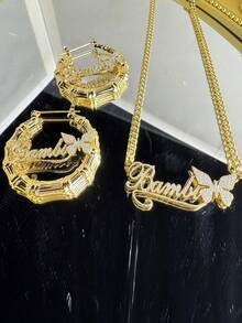 1 Set Personalized Name Jewelry Set, Name Earring Hoops, Custom Neck, Gold Nameplate Pendant, Handmade Jewelry Gift, 18k Gold Stainless Steel Jewelry, Necklace Name Double-Layer Customization, Including Exquisite Gift Box - Style 6-gold - View 5