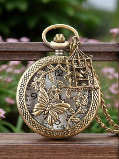 ساعة جيب قطعة واحدة، ساعة جيب كوارتز مجوفة بشكل فراشة، مناسبة للاستخدام اليومي، كهدية