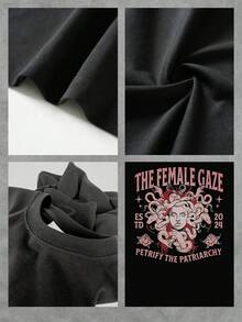 Camiseta gráfica "Female Gaze" para mujer, con estampado de serpientes Medusa, top feminista, cuello redondo holgado, estilo casual, disponible en varios colores. - Negro - Ver 4