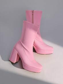Women's Chunky Platform Mid-Calf Boots Waterproof Square Toe Fashionable Lightweight Comfort Elegant Bright Solid Color Side Zipper Classic For Parties Dress Festival Ankle Go Go Pink Boots - 粉色 - 查看 6