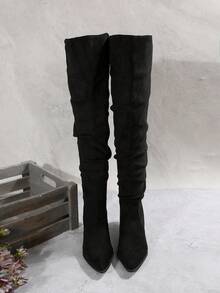 2025 New Fashionable Western Pleated Tall Boots For Women, Pointed Toe High Heel Riding Boots, European And American Style - Black - View 4