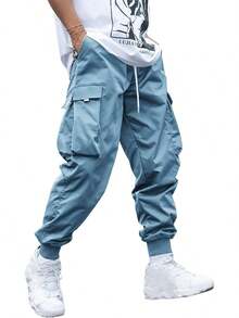 Men's Casual Cargo Pants Elastic Waist Drawstring Tapered Pants Athletic Techwear Joggers Pants With Flap Pockets-20256688 - Màu Xám nhạt - Xem 2
