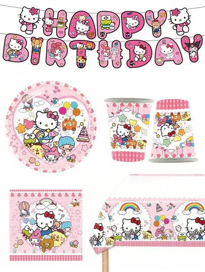 Sanrio 1/10/20/42/70Pcs/Set Hello Kittys Party Theme Tableware Paper Plates Paper Cups Paper Towels Tablecloth Flag Venue Decoration Gifts (Some Parts May Be Random)