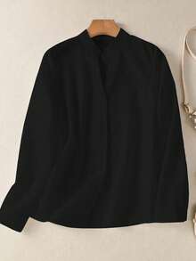 Camisa Casual de Botão com Bolso de Cor Sólida Plus Size para Mulheres, Manga Longa, Top Simples Tipo Túnica, Ajuste Relaxado para o Dia a Dia no Outono, Inverno e Primavera