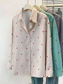 Plus Size Women's Heart Print Striped Polo Shirt - Casual Long Sleeve Blouse For Daily Wear, Spring Summer Fall Vacation