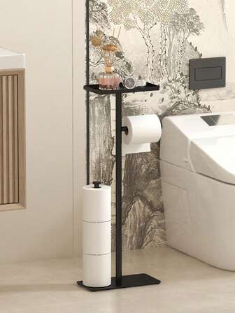 1 pieza Portarrollos de papel higiénico independiente con bandeja de almacenamiento - Estante de almacenamiento de rollos de papel de diseño elegante, adecuado para baño y cocina, diseño ahorra espacio, almacenamiento de baño, accesorios de baño