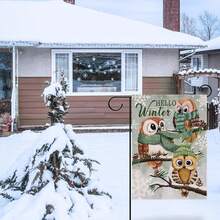 1pc Winter Yard Textile Hanging Decor, Green Theme Welcome Winter Cute Owl Garden Flag, 12x18 Faux Linen Double-Sided Printed, Christmas Snowy Cottage Home Decor, Suitable For Winter Country Party, Outdoor Lawn, Porch, Cafe, Farmhouse Decoration, Flag Pole Not Included