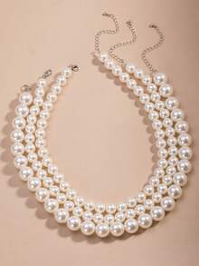 1 件欧美风格多圈仿珍珠项链，多层项链，多层，轻奢小众项链，毛衣链 - 白色 - 查看 2