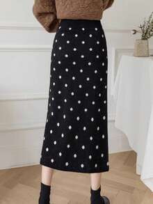 法式优雅风格复古波尔卡圆点针织裙，修身版型，适合圣诞节、新年、通勤、约会、秋冬 - 黑色 - 查看 7