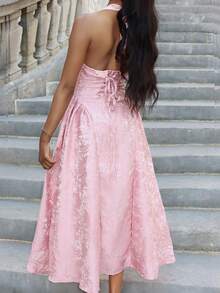 Mima John 复古3D压花V领无袖喇叭裙女士连衣裙女士连衣裙生日女士夏季服装女士生日服装万圣节 - 粉色 - 查看 4