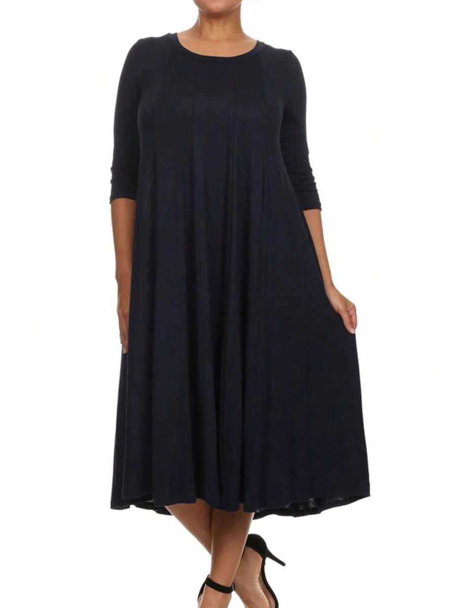 Plus Size Casual 3/4 Sleeves Basic A-Line Pleated Solid Midi Dress  Wedding - Navy Blue - View 1