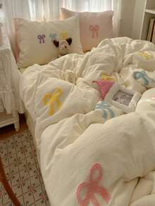 Joivida Cut Embroidery Colorful Bowknot Duvet Cover Set, White Bedding Set 3pcs,Including 1 Duvet Cover And 2 Pillowcases, Ultra Soft Breathable Chic Comforter Cover