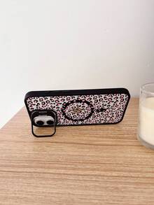 1pc Pink Leopard Print Metal Stand Phone Case, Compatible With Magnetic Charging, Comes With A Lens Protector And Adjustable Stand, Suitable For IPhone 16 Pro Max Phone Case/16E/15/14/13/12/11/Pro/Pro Max/Plus Phone Case - 黑色FS8221 - 查看 4
