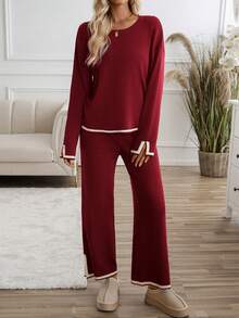 GAOVOT Women's Sweater Two Pieces Simple Loose Casual Color Contrast Round Neck Long Sleeve Sweater And Loose Wide Leg Straight Pant Suit - 酒紅色 - 查看 7