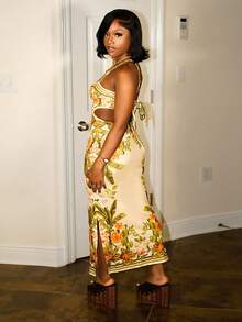 Steph T Abito da donna con stampa floreale e senza schienale, senza maniche, stile vacanza, outfit estivi da donna, abiti estivi da donna