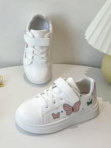 1 Paar Lässig & modische Skaterschuhe für Kinder, Schulanfang, aus PU-Leder Patchwork Obermaterial, weich & bequem, leicht, mit niedlichem Schmetterlingsdruck verziert, praktischer Klettverschluss, geeignet für Innen, Außen, Spiel, Festivals und andere Anlässe