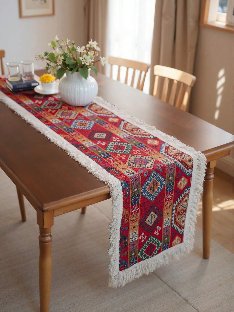 1 Stück amerikanischer Stil buntes Rautenmuster Bauernhaus Makramee Quaste Tischläufer, handgefertigter gewebter dekorativer Tischläufer für Feiertage, Partys, Picknicks, Paarfotos, Boho Dekoration