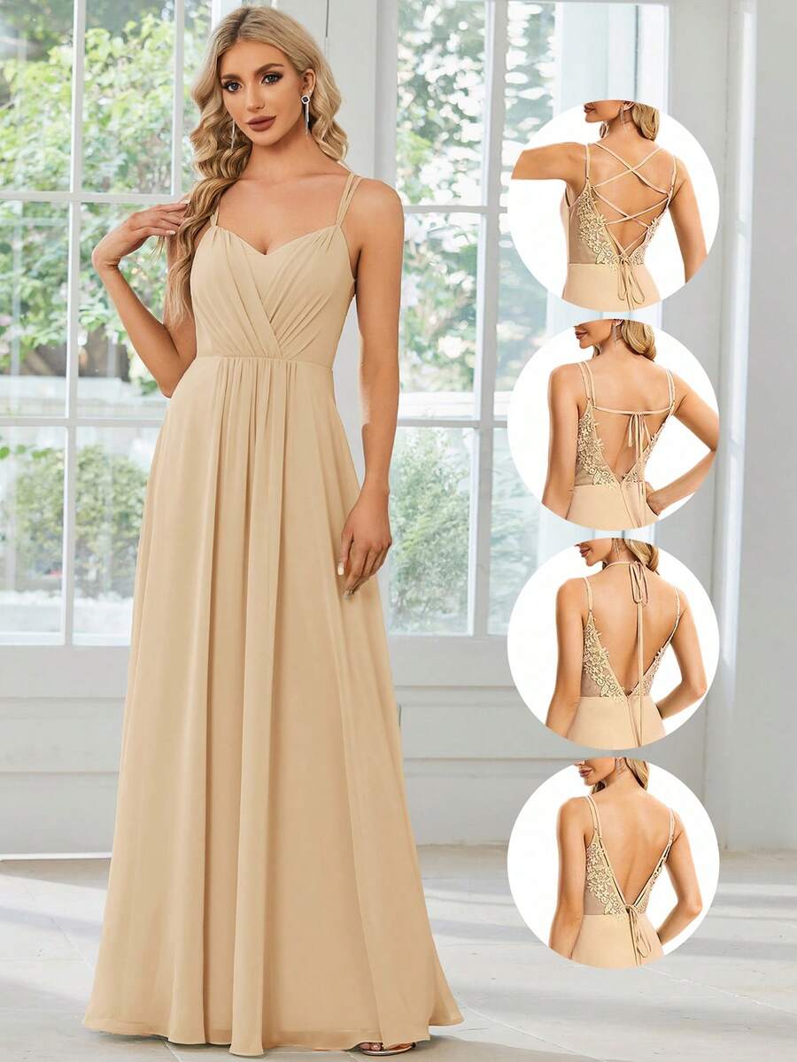 EVERPRETTY Robe de demoiselle d'honneur champagne minimaliste plissée avec croisement dans le dos, robe pour invité de mariage