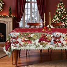1 pieza Mantel de Navidad - Muñeco de nieve vintage, reno, árbol de Navidad en paisaje nevado - Colores festivos rojos - Tela de poliéster - Se adapta a mesas rectangulares, redondas y de comedor - Decoración para fiestas, hogar y restaurantes - Decoración navideña de fácil limpieza