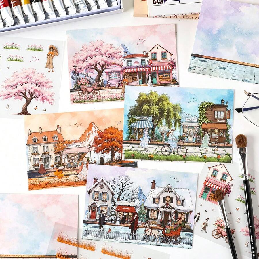 Japanese Style Landscape Stickers, Scrapbooking Stickers, Character Stickers, PET Stickers For Planner - Multicolor - View 1