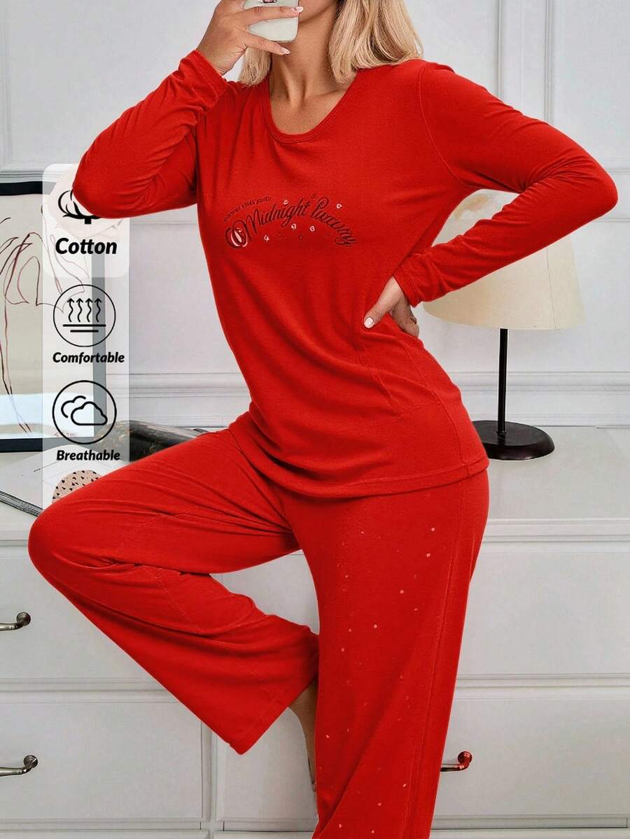 Mirano Slogan Print Short Sleeve Top & Cherry Pattern Long Pants Pajama Set - Red - View 1