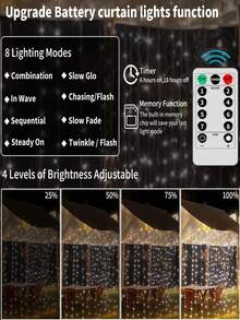 USB Curtain Fairy Lights,100/200/300 LED String Lights, USB Hanging Curtain Lights 3 M X 1m/2m/3m , Indoor Outdoor Christmas Light Curtain, 8 Dimmable Modes With Remote Control And Timer, Waterproof LED Garland For Christmas, Bedroom, Party, Balcony, Wedding, Wall, Window Decoration - Curtain Fairy Lights - View 10
