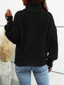 Women's Loose High Neck Sweater, Casual & Formal Ribbed Knit Button Up Long Sleeve Pullover Black - Black - View 7