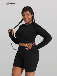 Plus Size High Waist Cropped Sports Top - Round Neck, Cloud-Soft 4-Way Stretch Fabric, Shaping Waist, Breathable & Non-Restrictive, Suitable For Autumn/Winter Fitness, Yoga, Casual Wear, Women's Sports T-Shirt, Slim Fit, Full Size Range - Black - View 5