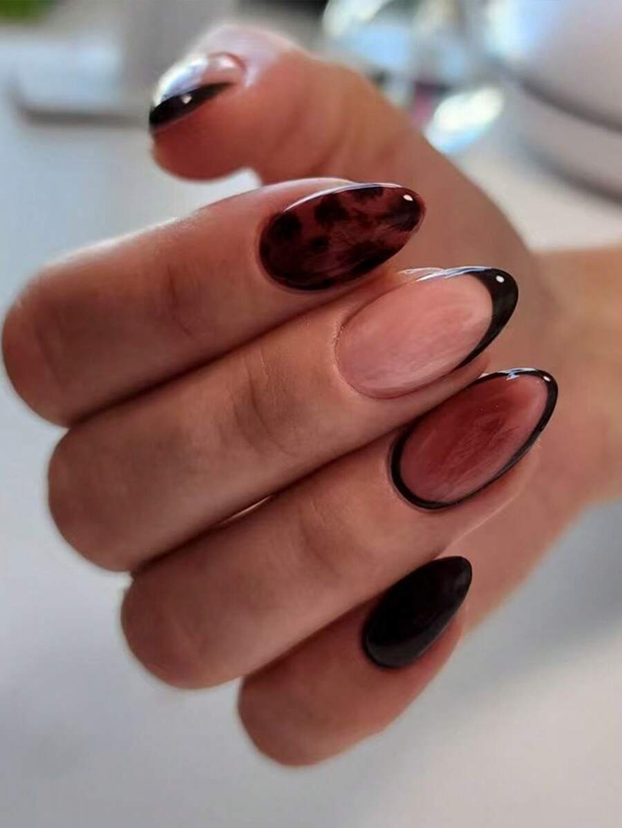 24 件长杏仁豹纹指甲设计法式尖头按压指甲杏仁完美贴合亚克力假指甲套装，包含：1 件果冻胶和 1 个指甲锉，棕色指甲适合女士女孩日常工作节日派对使用 - 彩色 - 查看 1