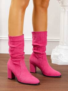 Chunky Heel Slouchy Boots Round Toe Suede Slim Tall Boots For Women, New Autumn/Winter Mid-Calf Riding Boots, Fur Trim, Pink - Watermelon Pink - View 5