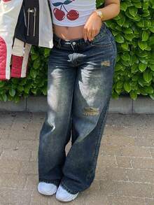 Quần jeans nữ dáng suông, cạp thấp, rộng rãi, phong cách thường ngày, bạc màu, hơi rách, thích hợp cho mùa xuân. - Màu xanh hải quân - Xem 5