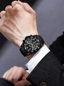 1 Đồng hồ nam BIDEN có vành lặn, chức năng bấm giờ, chống nước, thiết kế phát sáng, dây cao su, lịch ngày dạng kim thể thao thanh lịch - màu đen - Xem 6