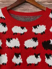 Sheep Pattern Crew Neck Sweater, Casual Long Sleeve Knit Pullover, Women - Red - View 3